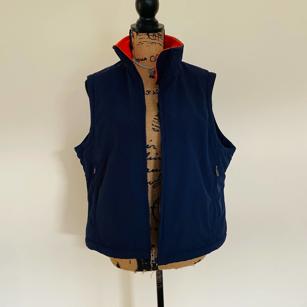 L.L. Bean Womens Navy Fleece Orange Lining Outdoor Rugged Hiking Vest Size Large